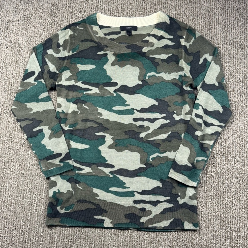 J Crew Camo Tippi Merino Wool Sweater Womens S Crew Neck Pullover Lightweight